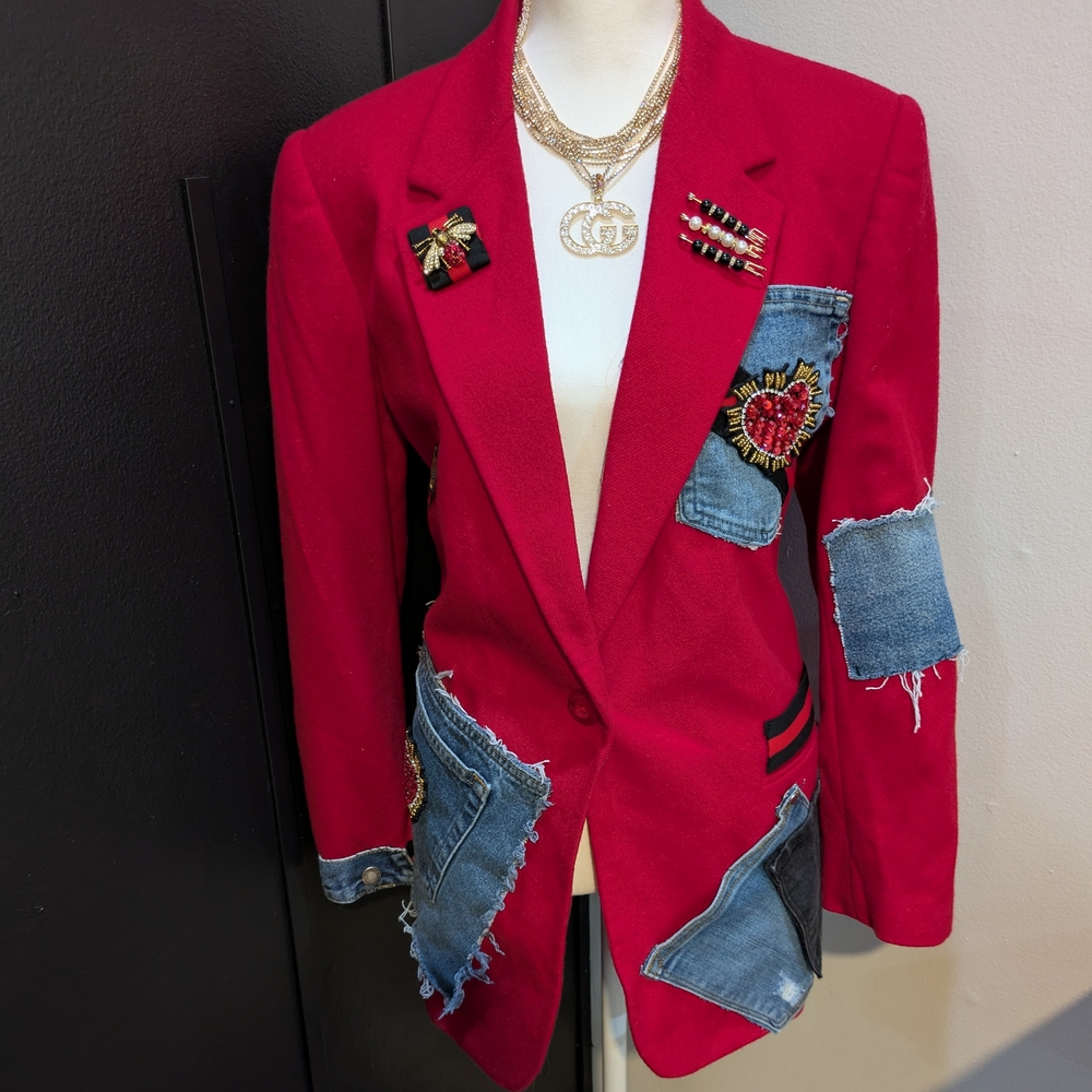 Red Custom Patchwork Denim And Rhinestone Hearts Blazer